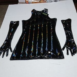 Dolls Kill Club Exx Black Vinyl Iridescent Mini Dress w/ Gloves Size Large Rave